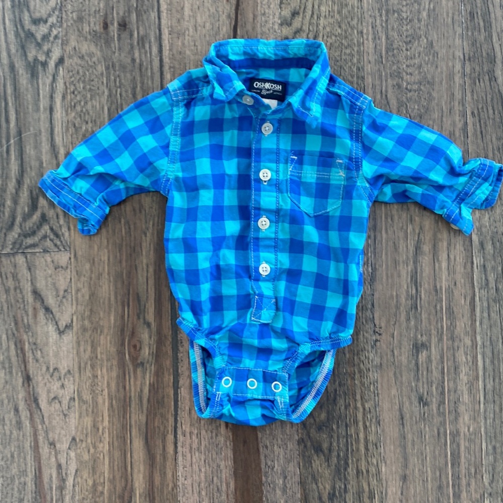 OshKosh Blue and Teal Button Down Onesie 3m